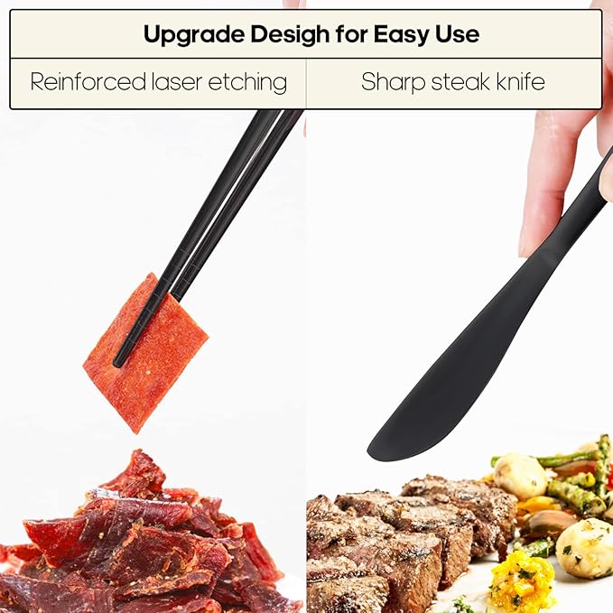 Travel Utensils with Case, Quatish Portable Silverware Set for Work, Stainless Steel Reusable Travel Cutlery Set, Fork and Spoon Set for Picnic, Camping, Gadgets, Lunch Box for Men, Black