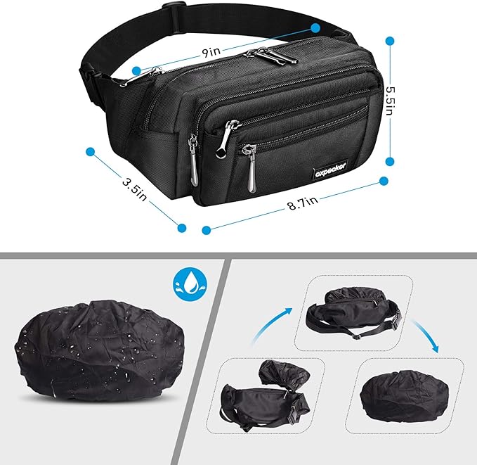 Oxpecker Waist Pack Bag with Rain Cover, Waterproof Fanny Pack for Men&Women, Workout Traveling Casual Running Hiking Cycling, Hip Bum Bag (black)