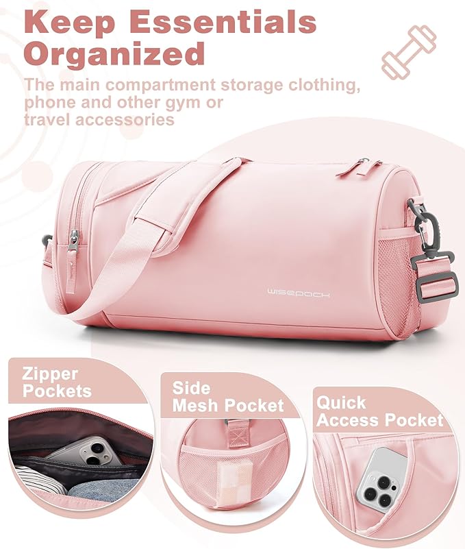 Small Waterproof Gym Bag for Women - Mini Duffle With Wet Pocket for Sports, Travel, Dance, Swimming, Yoga, Fitness - Carry-On Weekender Pink