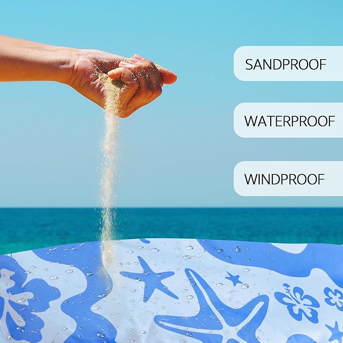 SkyNautre Waterproof Sandproof Beach Blanket, 110''×118'' Oversized Sand Free Beach Mat with 4 Stakes & Storage Bag, Extra Large Big Compact Outdoor Essentials for Beach, Picnic, Camping