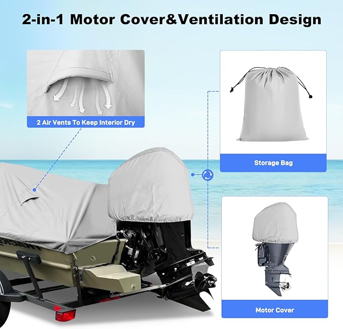 Boat Cover 14-16ft, Bass Tracker Boat Cover with Sand Bag Mooring Kit, 1200D Marine Canvas Waterproof Heavy Duty Boat Covers for 14 feet 15ft 16' Foot V Hull Bass & Runabout Boat,Gray
