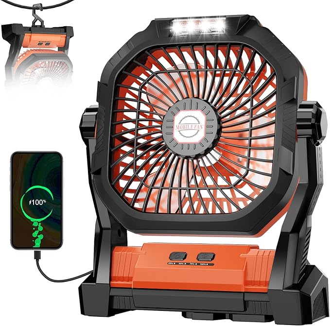 Camping Fan Rechargeable, 20000mAh Battery Powered Portable Fan with LED Light, 4-Speed 180° Adjustable, Camping Essentials for Tent, Travel, Car, Outdoor, Indoor, BBQ, Fishing, Jobsite - Orange