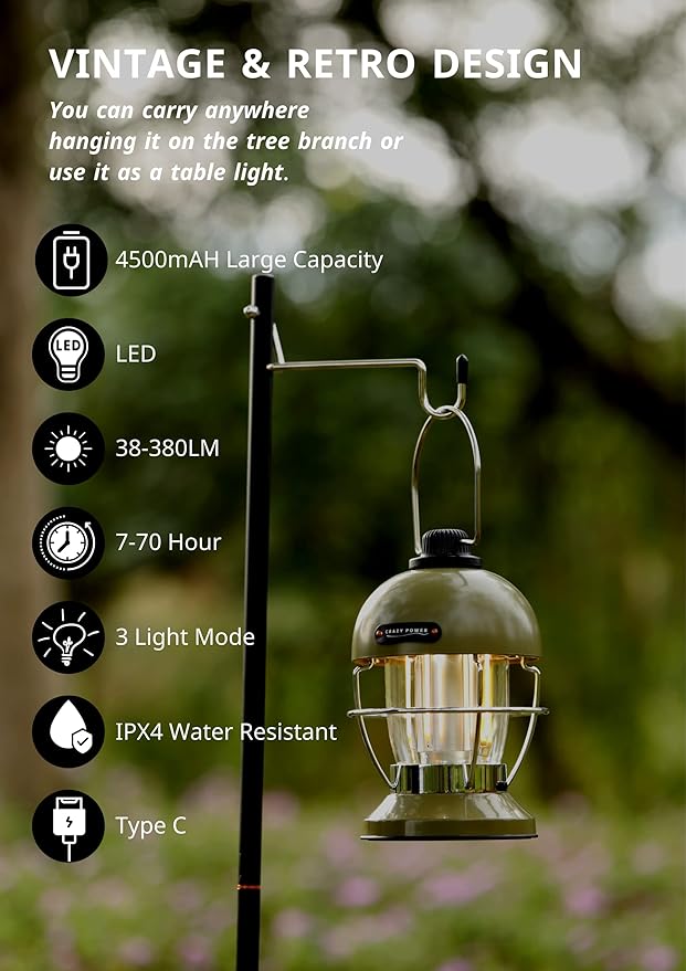 Crazy Power Camping Lantern Rechargeable LED Camping Light Premium Vintage Light 4500 mAh High Capacity Dimmable 3 Light Modes Waterproof for Camping Hiking Fishing Power Outages (CPB200 Green)