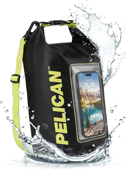 Pelican Marine IP68 Waterproof Dry Bag 5L - Roll Top Waterproof Backpack w/Phone Case/Pouch - Boating & Kayak Accessories - Essentials for Camping Swimming Beach Fishing Rafting Travel - Black/Yellow