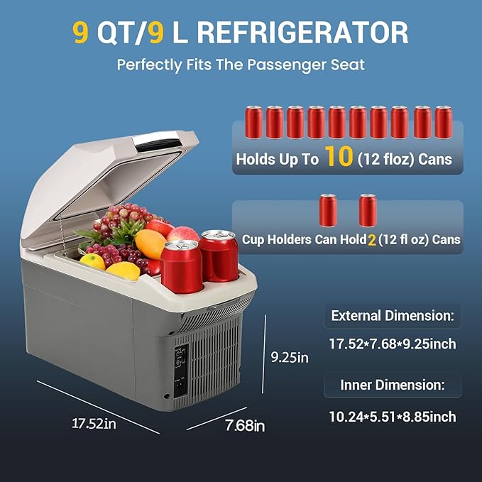 12V Car Refrigerator Cooler/Warmer 8 Quart (9L) 40℉~140℉,12 Volt DC &110V AC, Electric Car Fridge Portable Compact Camping Cooler Thermoelectric 12V Small Fridge for Car, RV, Camping (Grey)