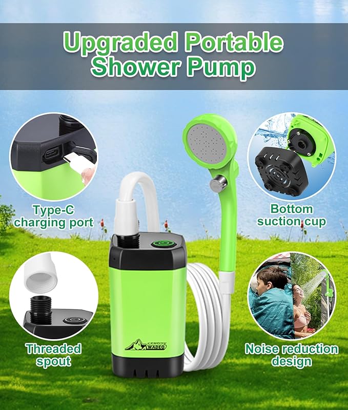 WADEO Portable Shower for Camping, Outdoor Electric Shower Rechargeable Pump with Intelligent Digital Display, Camping Shower Head Nozzle for Camping, Hiking, Traveling, Washing