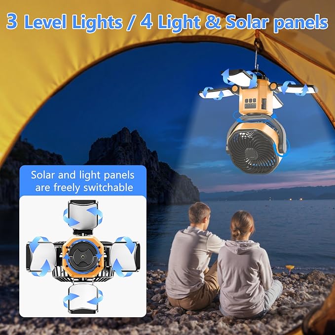 Automatic Oscillating Solar Camping Fan, 6000 mAh Rechargeable Fan with 4 Led Light, 4 Wind Speeds,3 Level Lighting, Suitable for Camping, Fishing, Picnics, Etc.-Orange