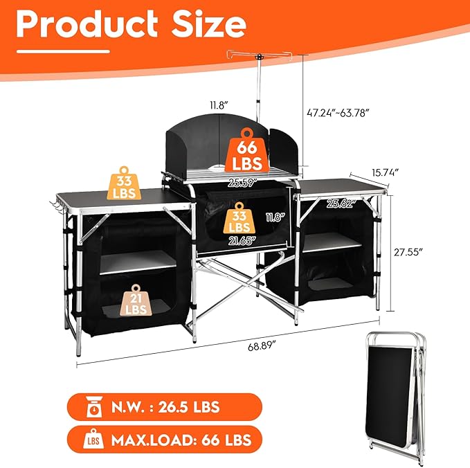 Cmaping KitchenTable, Aluminum Folding Camping Cook Station with Windshield, Upgrade Light Stand, Storage Bag, Quick Installation for Outdoor, Picnic, Cooking