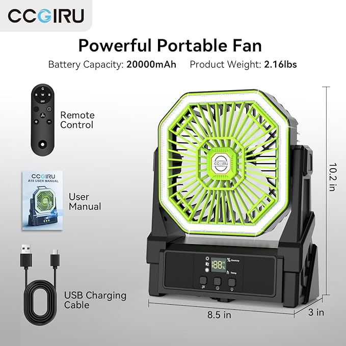 Portable Battery Powered Fan with 4 Lights, 20000mAh Battery Operated Fans with Remote, Outdoor Camping Fan Rechargeable, 4 Speed, 4 Timer for Picnic, Barbecue, Fishing, Home