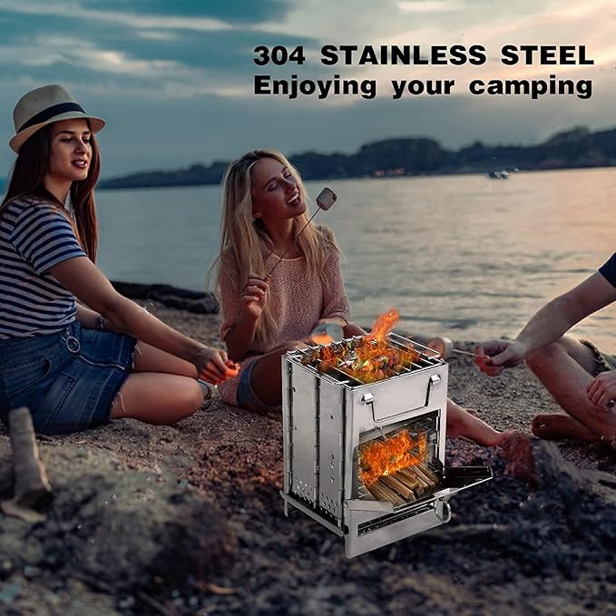 REDCAMP Wood Burning Folding Camp Stove Stainless Steel Grill, Portable Collapsible Backpacking Stove Survival Rocket Stove for Hiking Outdoor Tent Camping Picnic BBQ, Samll