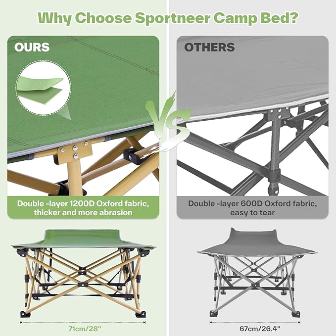 Sportneer Camping Cot: 1200D Double Layer Oxford Foldable Camping Cots for Adults - Heavy Duty Cots for Camping Travel Tent Day Outdoor & Home Guest, Camping Cots with Carry Bag & 2 Side Pockets