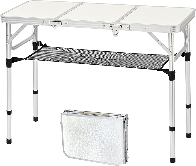 Folding Camping Table, 35''L x16''W Camp Aluminum Table with Adjustable Height Legs, Indoor Outdoor Lightweight Portable Folding Dining Table for Camp Picnic Beach Cooking 3Ft(3 Heights 10"/20"/27")