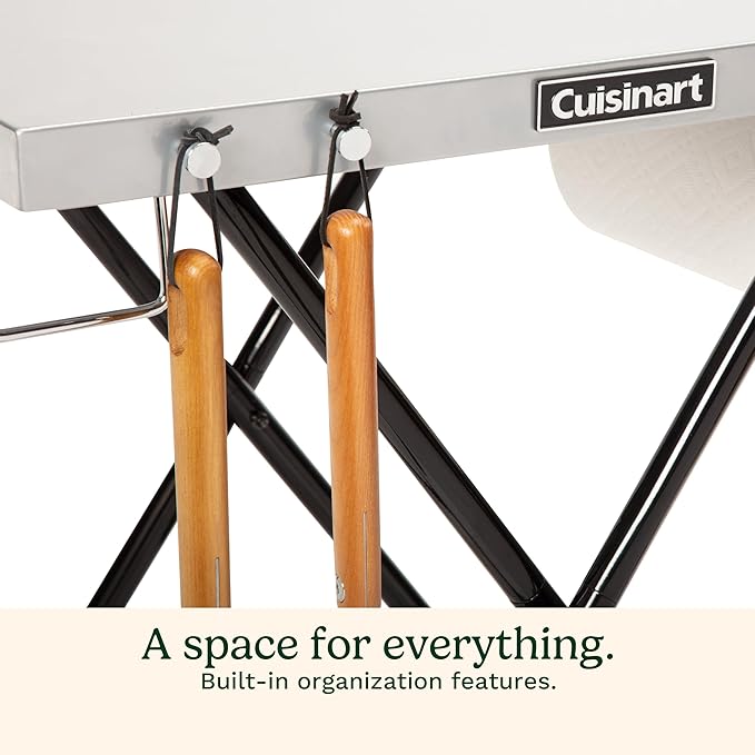 Cuisinart Fold ‘n Go Prep Table, Portable Folding Table and Grill Stand with Tool hooks, Trash Bag Holder, Paper Towel Rack, 24” x 20” Steel Food Prep Station Perfect for BBQs, Tailgates and Camping