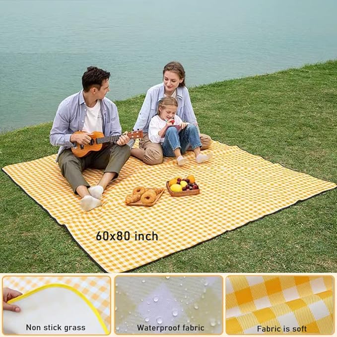 RUIBOLU Beach Blanket Large Picnic Blankets, 80x60in Sandproof Beach Mat for 2-4 Adults Waterproof Quick Drying Outdoor Picnic Mat for Travel Camping Hiking Festival Park Lawn (Yellow Plaids)