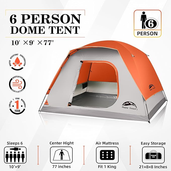 Happy Travel Camping Tent, 6 Person Dome Tents for Camping with Rainfly, Waterproof Clip Easy Setup Portable Family Tent with Mesh Windows, 20% More Headroom Backpacking Tents for Camping & Hiking