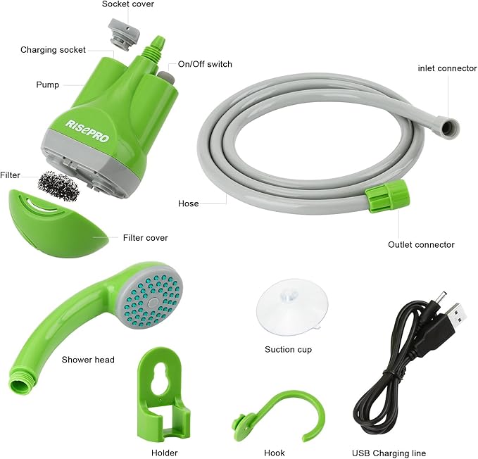Portable Camping Shower, Outdoor Head, Pump With Rechargeable Battery, USB Charging Line, Pumps Water From Bucket for Hiking, Pet Cleaning, Car Washing