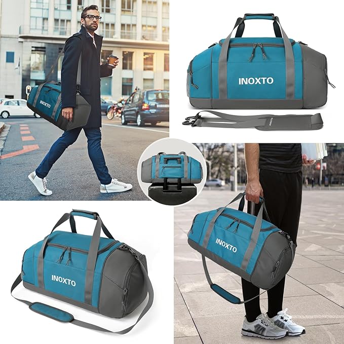 Sports Gym Bag,INOXTO Travel Duffel Bag with Dry Wet Pocket And Shoe CompartmentFor Women and Men,40L/55L Fitness Waterproof Weekender Bag For Swim Sports Travel Working Out (Blue White, 55L)