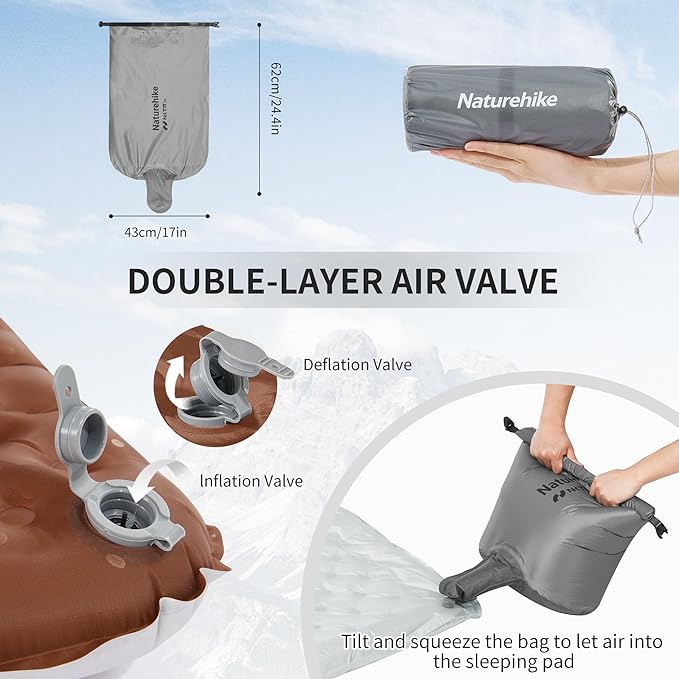 Naturehike Ultralight Insulated Sleeping Pad with R5.8, 3.2in Thickened Patchworkable Inflatable Double Sleeping Mat for Camping, Hiking, Climbing with Inflatable Bag (Silver-Mummy)
