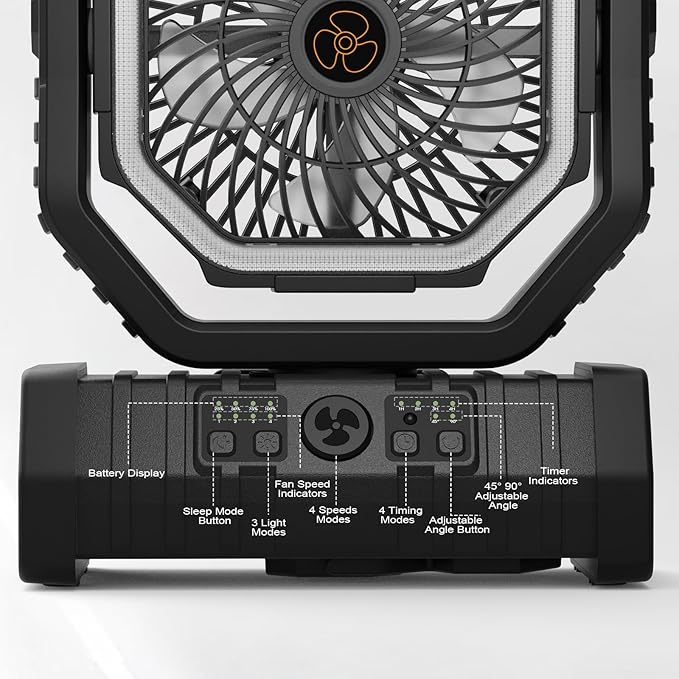 20000mAh Portable Camping Fan with LED Light, Rechargeable Battery Powered Oscillating Fan with Remote & Hook,Timer, 65HRS Running, 4-Speed for Travel, Tent, Room, Car, Picnic, Fishing-Black