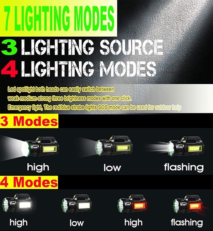 LED Searchlight LED Lantern, Solar Rechargeable Super Bright 10000LM Handheld LEDs Spotlight, Multifunctional Camping Lamp Work Lights, 7 Light Modes, Power Bank, IPX4 Waterproof, for Emergency