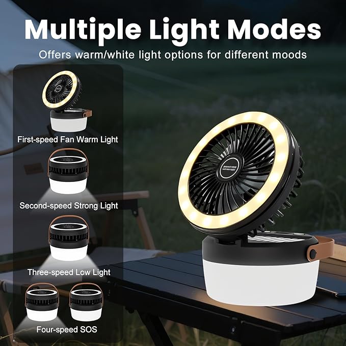 Solar Camping Fan Rechargeable Camping Light, Folding Solar Powered Fan for Outdoors, Portable utdoor Lights with USB Output for Camping Tent, Mountain, Emergency (Black)