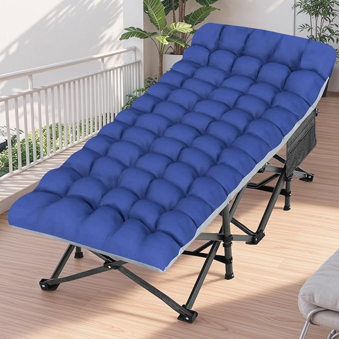 Oversized Folding Camping Cot 32inch w/Mattress, Heavy Duty Portable Sleeping Cot with Carry Bag, Double Layer Oxford Travel Camp Cots for Outdoors & Indoors, Suit for Adults Kids ,Navy/Grey