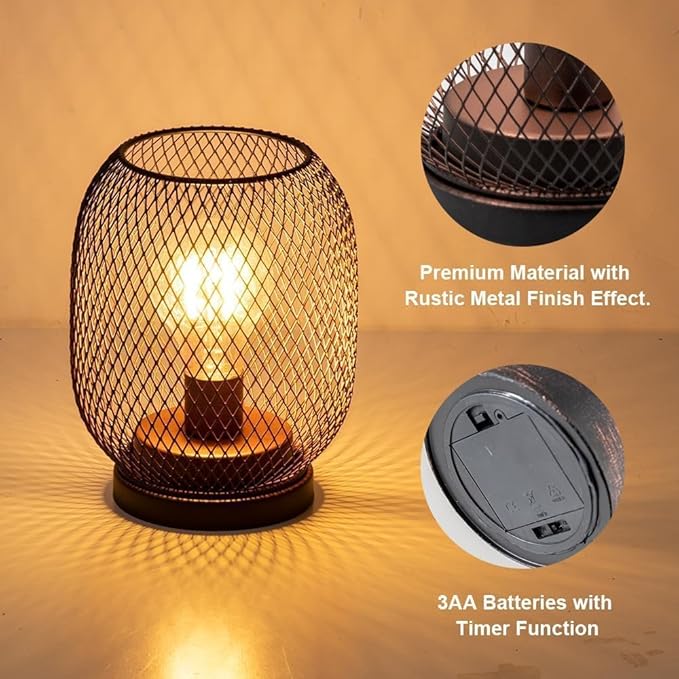 DECORKEY Set of 2 Battery Operated Lamp LED Table Lantern, Brown Metal Cage Cordless Lamps with LED Bulb,Vintage Decorative Outdoor Lantern for Weddings, Parties, Patio, Events for Indoors Shelf Decor