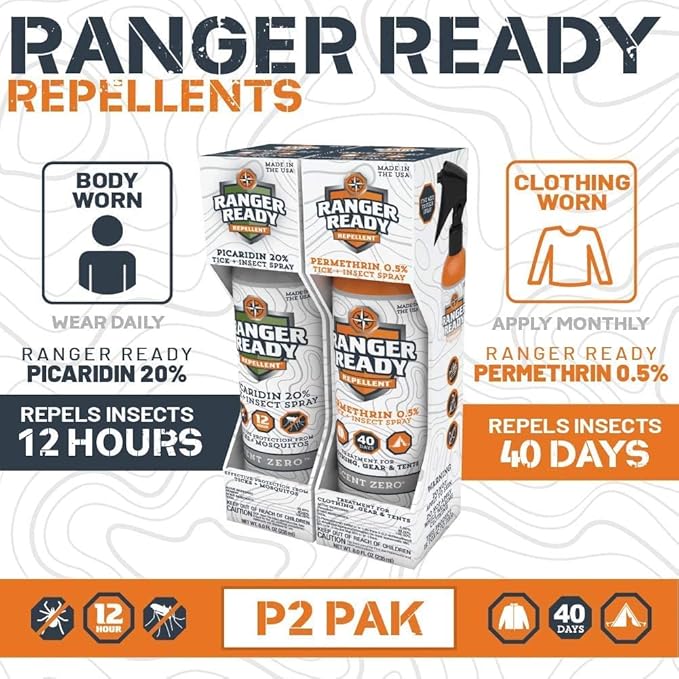 Ranger Ready Repellents P2Pak Permethrin + Picaridin Tick & Insect Repellent, Scent Zero, 8 Fl Oz. (Pack of 2)