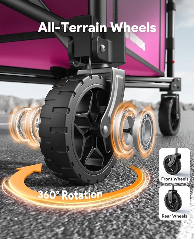 3 in 1 Collapsible Wagon Converts to Bench, 220lbs Foldable Wagon Cart with Wheels, 120L Shopping Cart for Groceries Folding Utility Wagon for Beach, Garden, Camping, Sport, Wheelbarrows, Pink