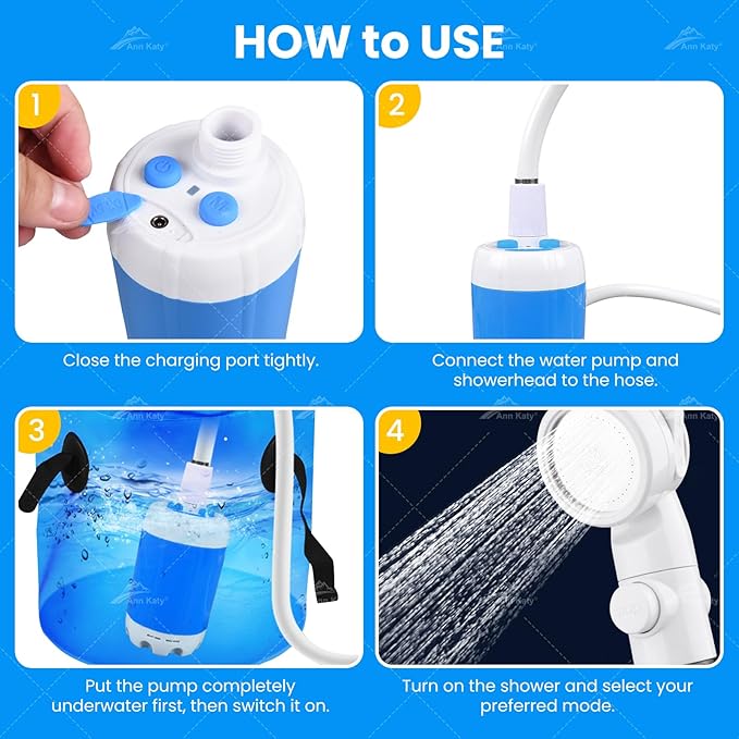 Portable Camping Shower Outdoor Camp Shower Pump with Portable Bucket,Upgrade Rechargeable Electric Shower Pump with Intelligent Multiple Spray Modes for Camping, Hiking, Traveling,RV