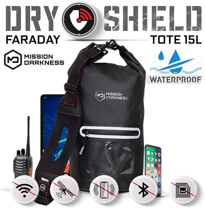 Mission Darkness Dry Shield Faraday Tote 15L // Waterproof Dry Bag for Electronic Device Security & Transport // Signal Blocking, Anti-Tracking, EMP & CME Shield, Data Privacy for Mobile Devices