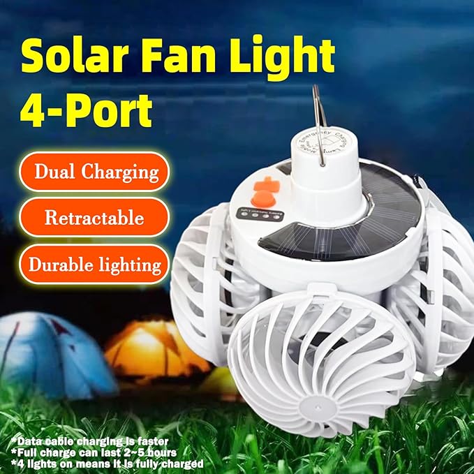 Solar Foldable 4 Fan Light with Hook, USB/Solar Charging for Outdoor Cooling & Lighting, camping ceiling fan,lámparas recargables para cuba, battery operated ceiling fan tent essentials