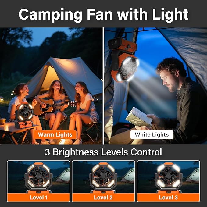 Camping Fan with Remote & Timer - 20000mAh Dual-Blade Rechargeable Fan, Auto Oscillation, 270° Pivot Hook for Hurricane Emergency, Power Outage, Garage, Patio, RV Travel, Outdoor
