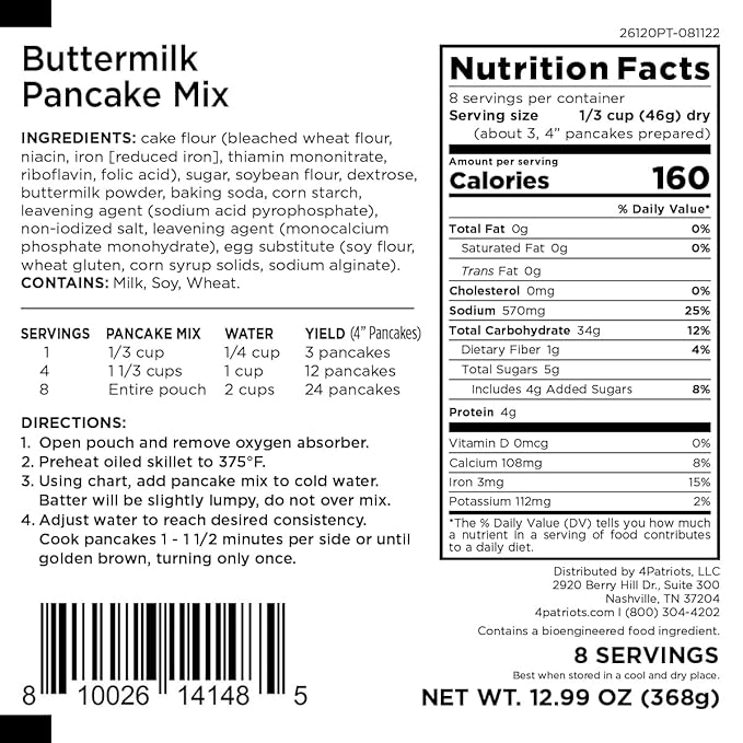 4Patriots Buttermilk Pancake Mix, Emergency Preparedness Pancake Mix, Flapjacks Mix, Perfect For Traveling, Camping, Hunting, Backpacking, Or Survival Scenarios, Fits In Your Bag – 8 Serving Pouch