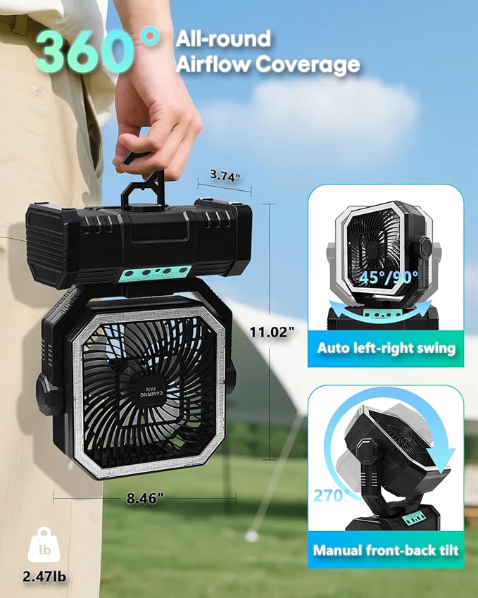 Portable Camping Fan, 20000mAh Rechargeable Battery Operated Oscillating Fan for Tents, 4 Speeds, 360° Rotation Hook, LED Light for Outdoor RV Travel Essentials- Black(No Bluetooth Speaker)