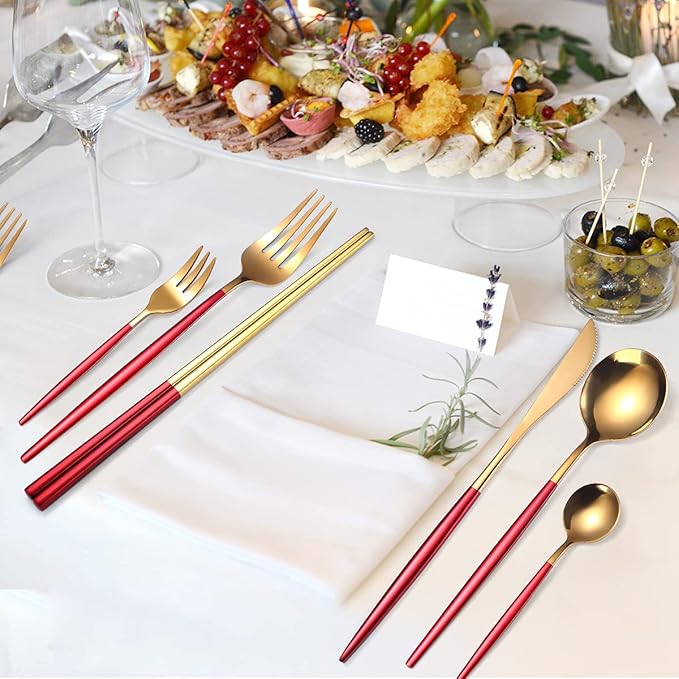 AARAINBOW 8 Pieces Stainless Steel Flatware Set Portable Reusable Cutlery Set Travel Utensils Set Including Chopsticks Knife Fork Spoon Straws Cleaning Brush Dishwasher Safe (Red Golden)