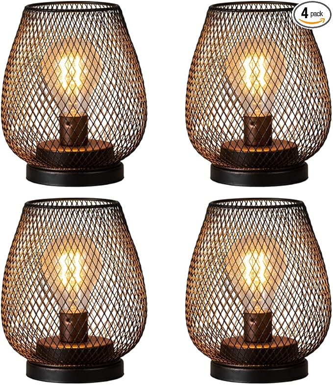 DECORKEY Set of 4 Battery Operated Lamp LED Table Lantern, Brown Metal Cage Cordless Lamps with LED Bulb,Vintage Decorative Outdoor Lantern for Weddings, Parties, Patio, Events for Indoors Shelf Decor