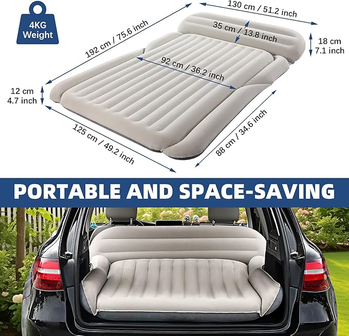 KMZ SUV Air Mattress Thickened Double Flocking Camping Mattress Upgraded Portable Sleeping Car pad Comfortable Inflatable Travel Bed with External Pump and 2 Pillows(Off-White and Light Gray)