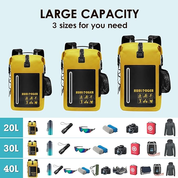 Waterproof Backpack 20L/30L/40L- Roll Top Closure Bag - Hiking Backpack - Lightweight Durable Floating Dry Bag with IPX8 Waterproof Phone Case