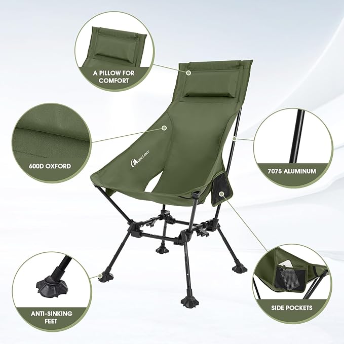 MOON LENCE High Back Folding Camping Chairs, Adjustable Height Beach Chair with Anti-Sinking Feet & Widened Seat (Green)