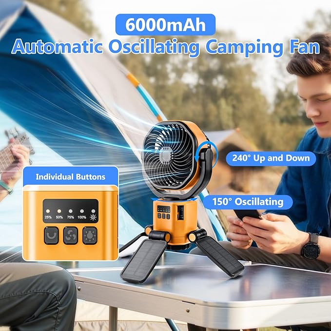 Automatic Oscillating Solar Camping Fan, 6000 mAh Rechargeable Fan with 4 Led Light, 4 Wind Speeds,3 Level Lighting, Suitable for Camping, Fishing, Picnics, Etc.-Orange