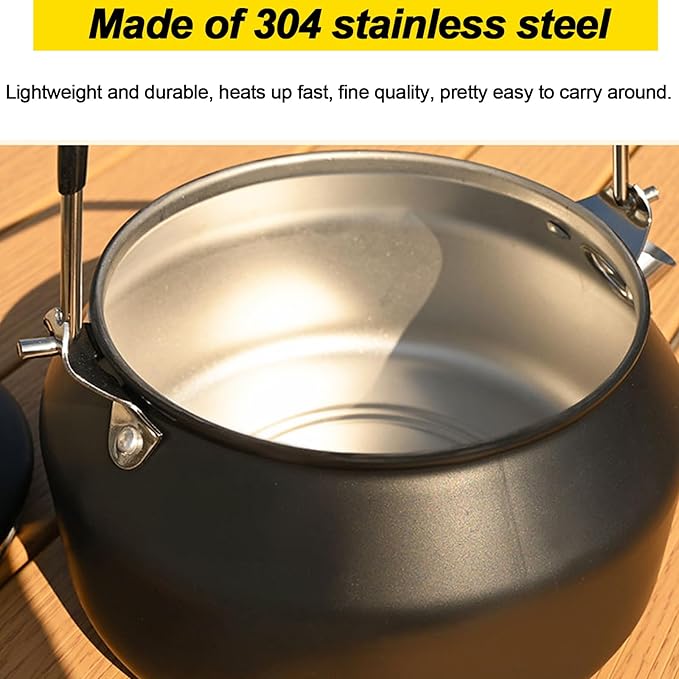 3PCS Camping Kettle Outdoor Campfire Camp Kettle Set with 2 Cups, 1L Stainless Steel camping tea kettle Coffee Pot, Portable Lightweight Teapot, Ideal for Hiking Picnic Travel, Black