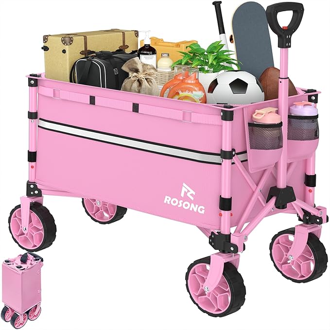 Collapsible Wagon Cart with Wheels Foldable - Folding Utility Heavy Duty Wagons Carts for Grocery Sports Garden Shopping Camping Pink