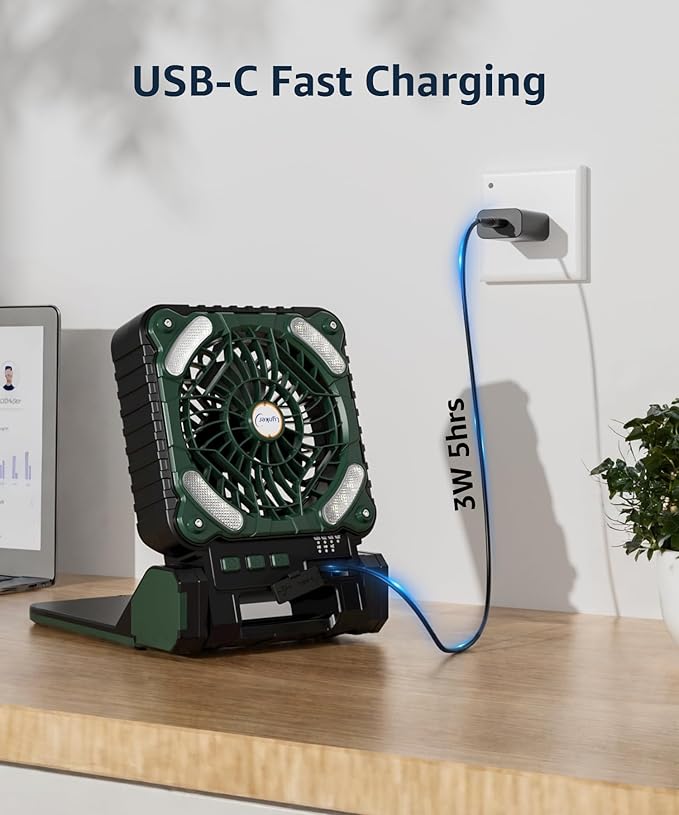 lynker Camping Fan Solar Powered with LED Lantern & Power Bank, Portable Rechargeable Battery Operated, 4 Speeds, 35dB Ultra-Quiet, 8H Timer, Foldable Fan for Tent, RV, Emergency, Hiking (Green)