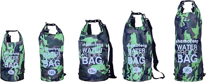 Waterproof Dry Bag Combo 5-30L Roll Top Dry Storage Bag Backpack for Kayaking Boating Beach Camping Travel Fishing, w/Phone Case & Collapsible Water Bottle & Sunglasses & Ear Band,Green 5L