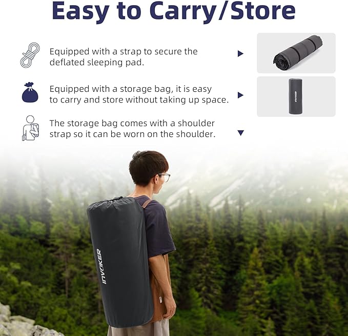 INVOKER Camping Sleeping Pad 2.75” Memory Foam Fast Self Inflating Insulated Durable Camping Mat Air Mattress with Pillow,for Tent, Traveling, Car, Camping, Grey