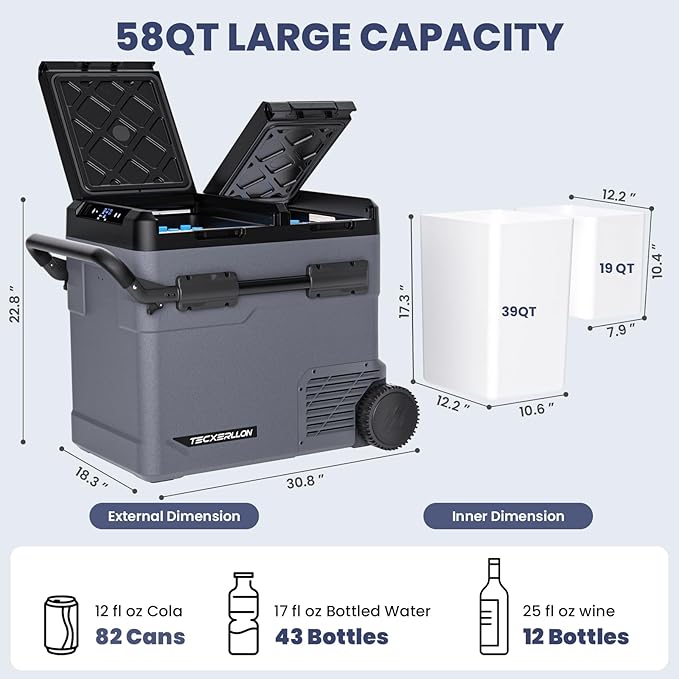 12 Volt Car Refrigerator Dual Zone Electric Cooler, 58 Quart Portable Freezer Fridge with APP Control, Compatible with Detachable Battery (Not Included), for Overlanding, Camping, RV, Truck