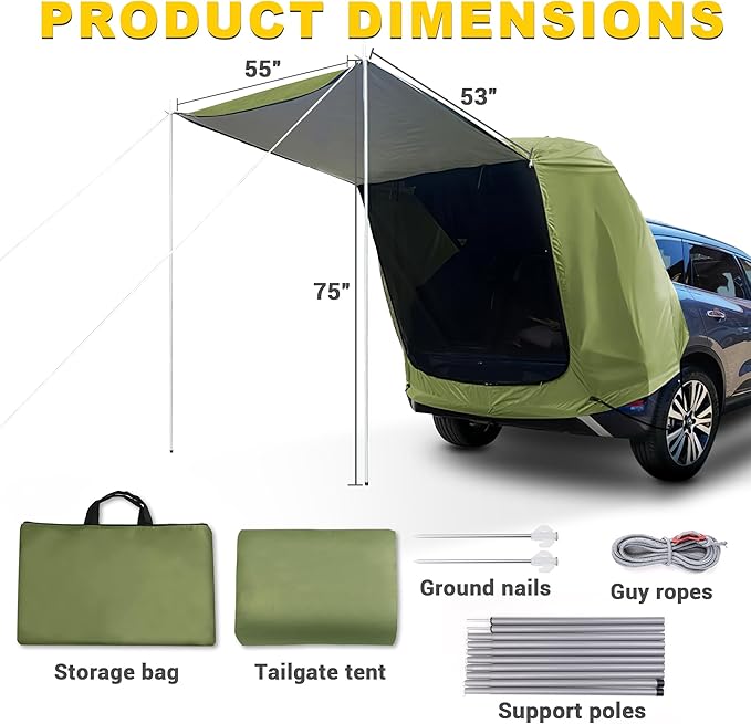 BUMBEE SUV Tailgate Tent Car Roof Canopy and Poles with Awning Shade, Outdoor Hatchback Rear Shelter, Roof Canopy, Waterproof Bug Protection, Fits for MPVs CUVs Van, Green