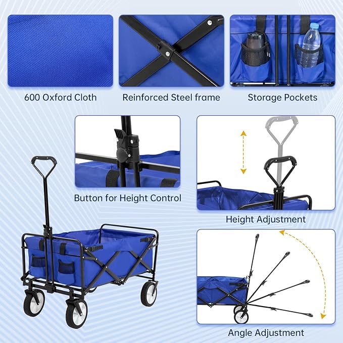 FDW 39''L Collapsible Wagon Cart, Heavy Duty Utility Folding Wagon for Outdoor Sports, 330 LBS Weight Capacity, Camping, Garden, and Shopping, Blue