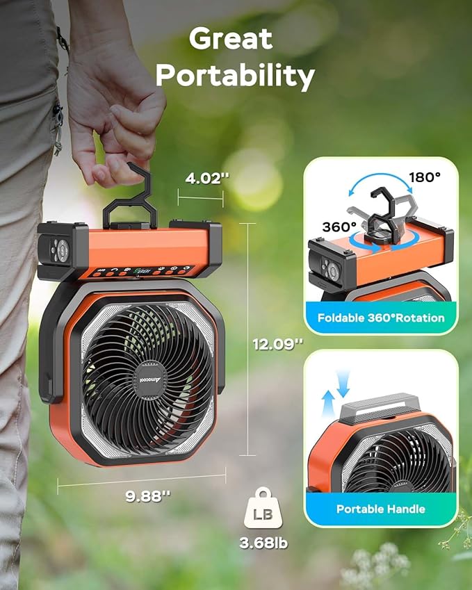 Camping Fan with Light, 20000mAh Rechargeable Battery Operated Fan, 112H Max Cooling Time, 8 Speeds, Digital Display, Remote Control, 270°Pivot with Hook for Tent Car RV Power Outage Hurricane